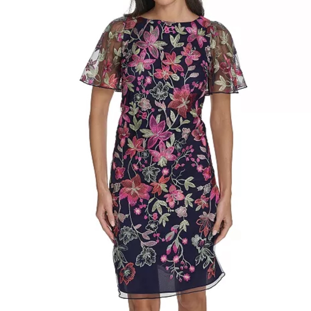 Jessica Howard Petite Floral Embroidered Mesh Sheath Dress